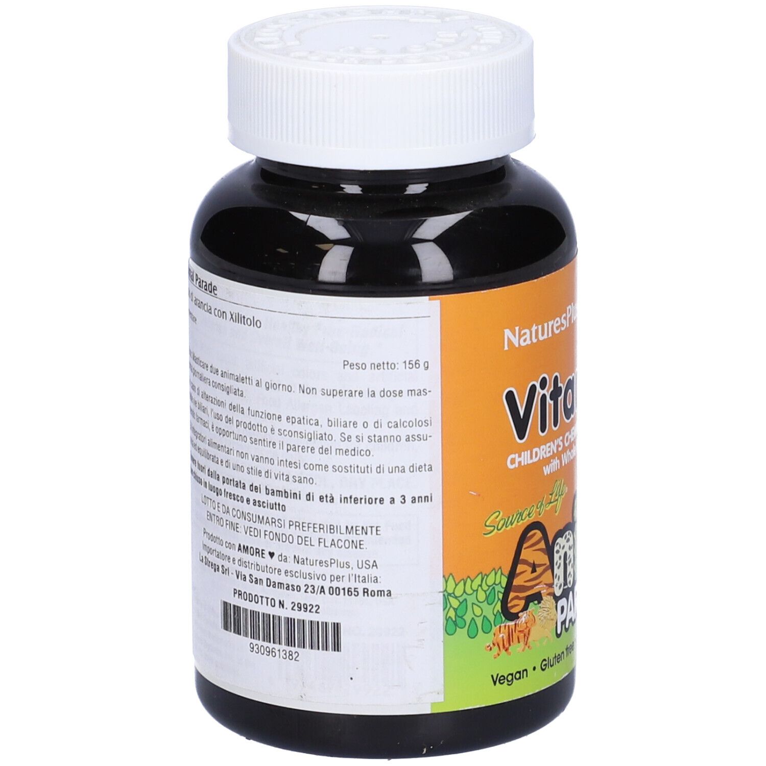 Retro del flacone di compresse di vitamina C. Informazioni testuali e valori nutrizionali. Peso: 156 g.