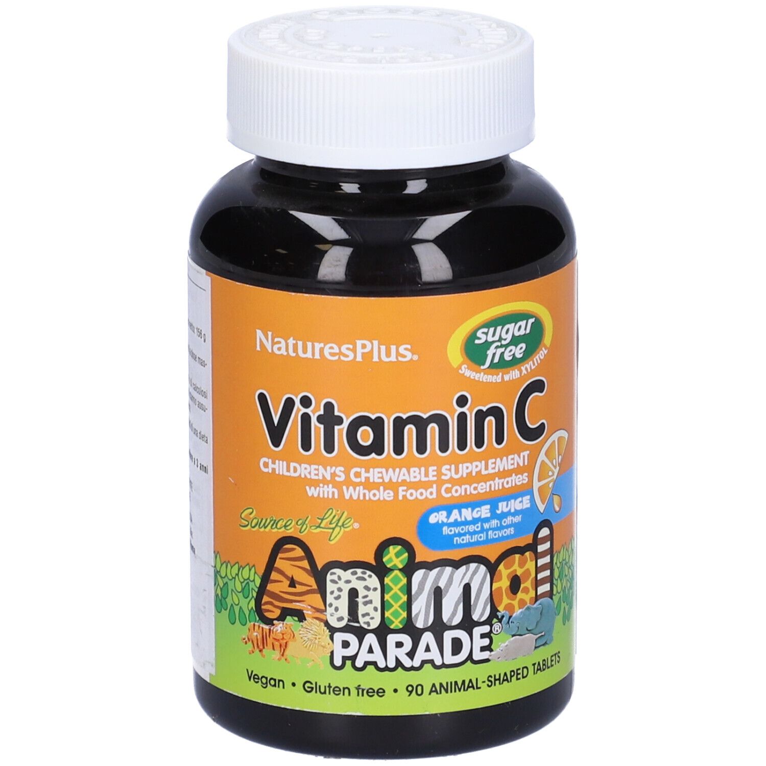 Flacone marrone di compresse di vitamina C. Scritta: Animal Parade, senza zucchero. 90 compresse a forma di animali.