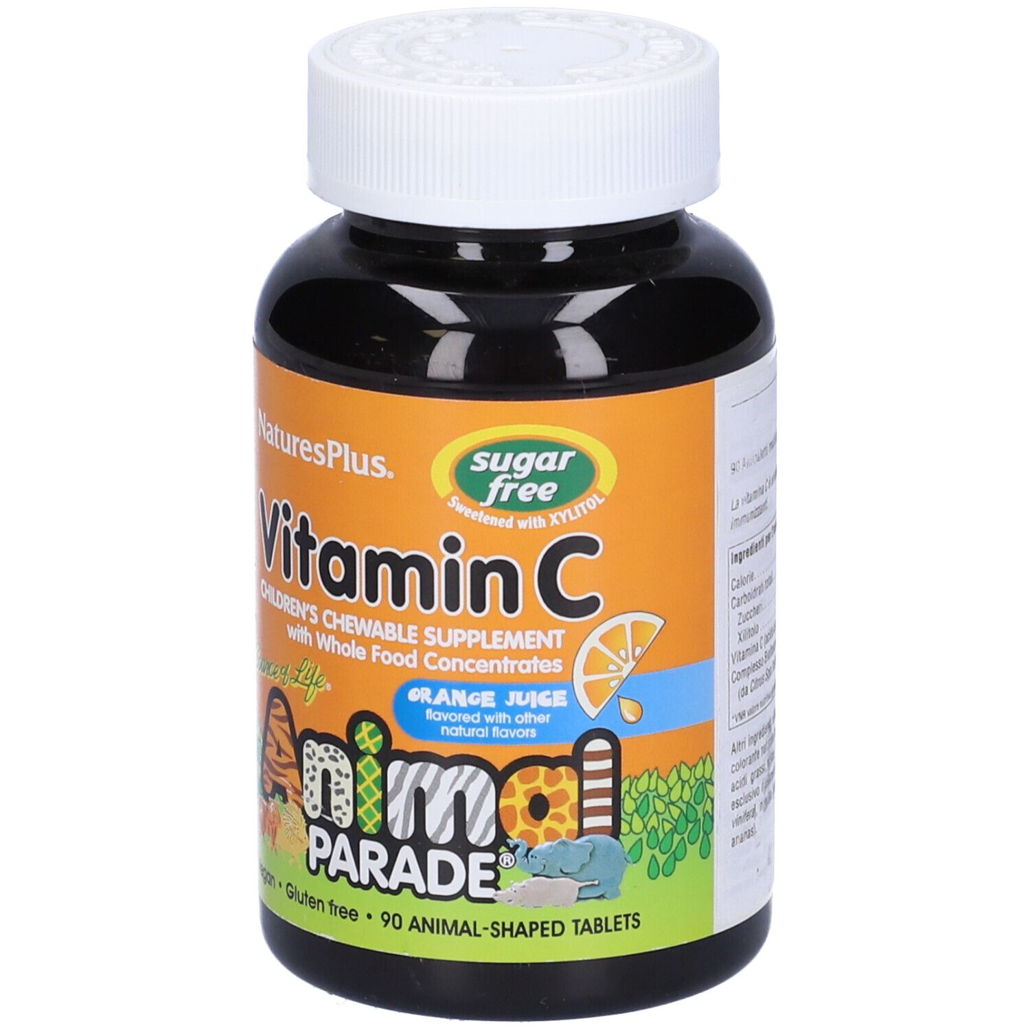 Flacone marrone di compresse di vitamina C. Scritta: Animal Parade, senza zucchero. 90 compresse a forma di animali.