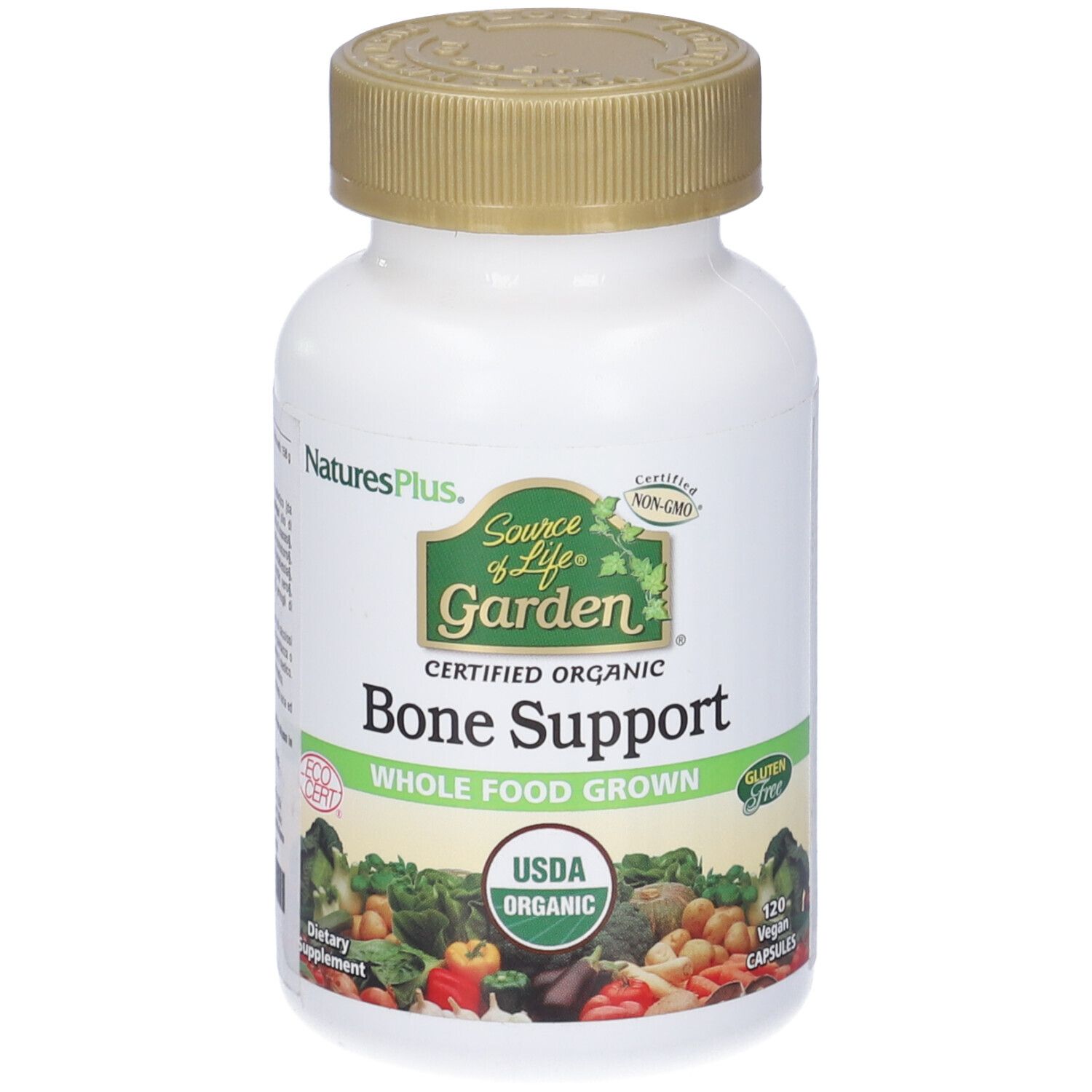 Flacone bianco con tappo dorato. Scritta: Source Of Life Garden Bone Support. USDA Organic.