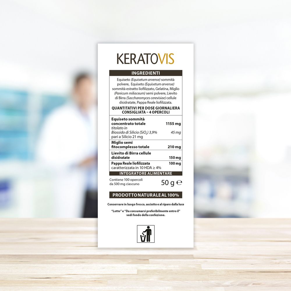 Retro della confezione KERATOVIS. Contiene informazioni sugli ingredienti e valori nutrizionali. Testo in italiano.