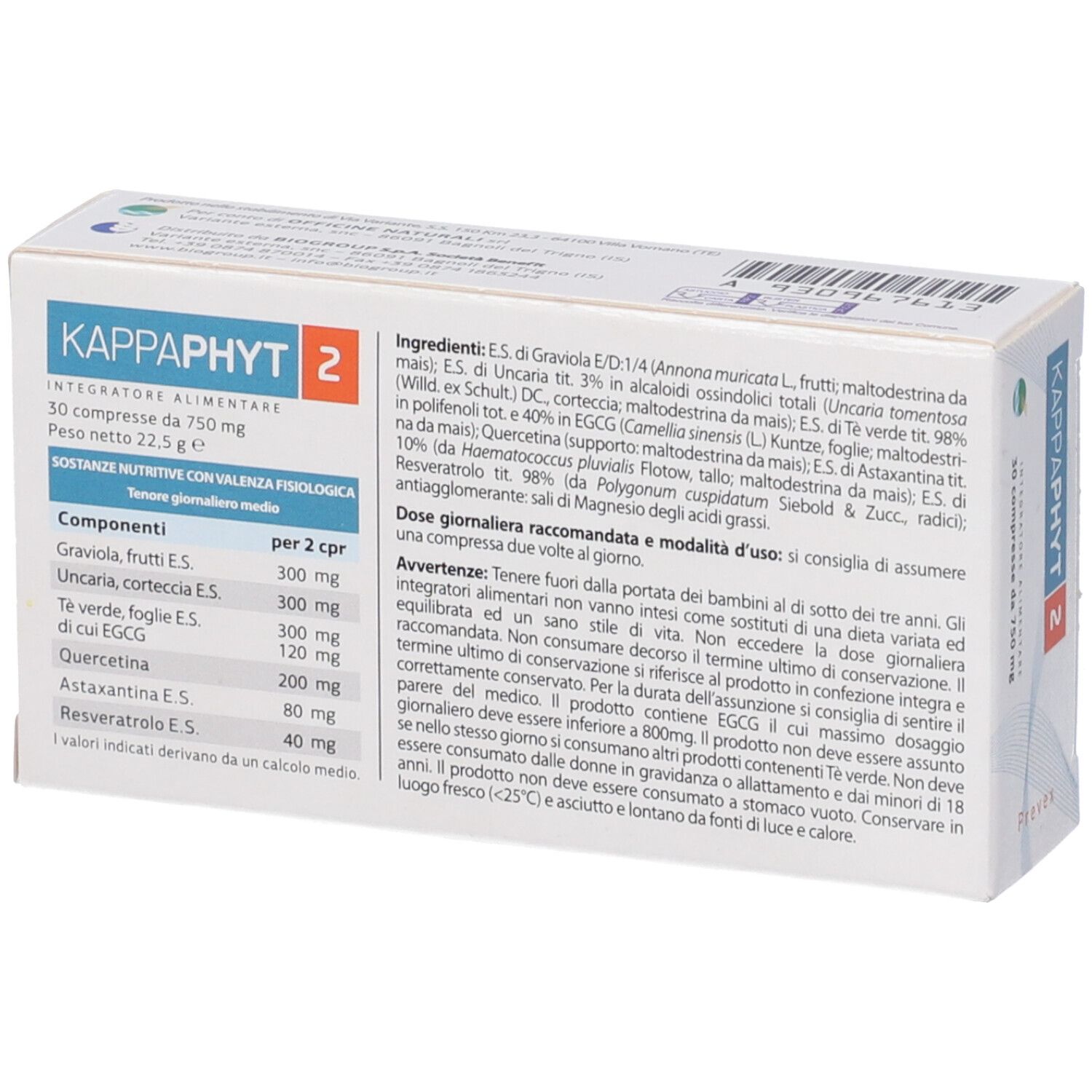 Retro della confezione Kappaphyt 2 con elenco ingredienti e valori nutrizionali.