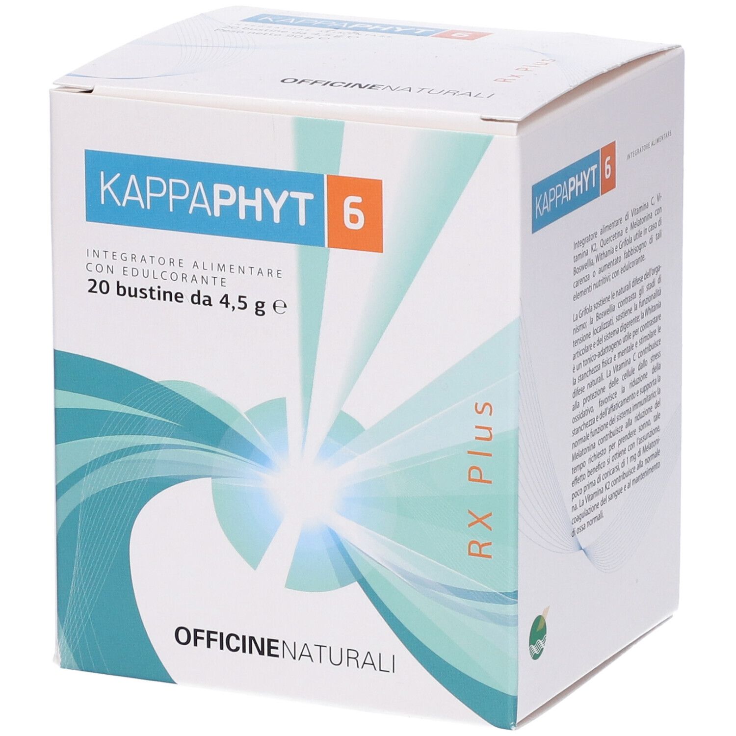 Scatola con informazioni sul prodotto. Scritto: Kappaphyt 6, 20 bustine da 4,5 g. Marchio: Officine Naturali.