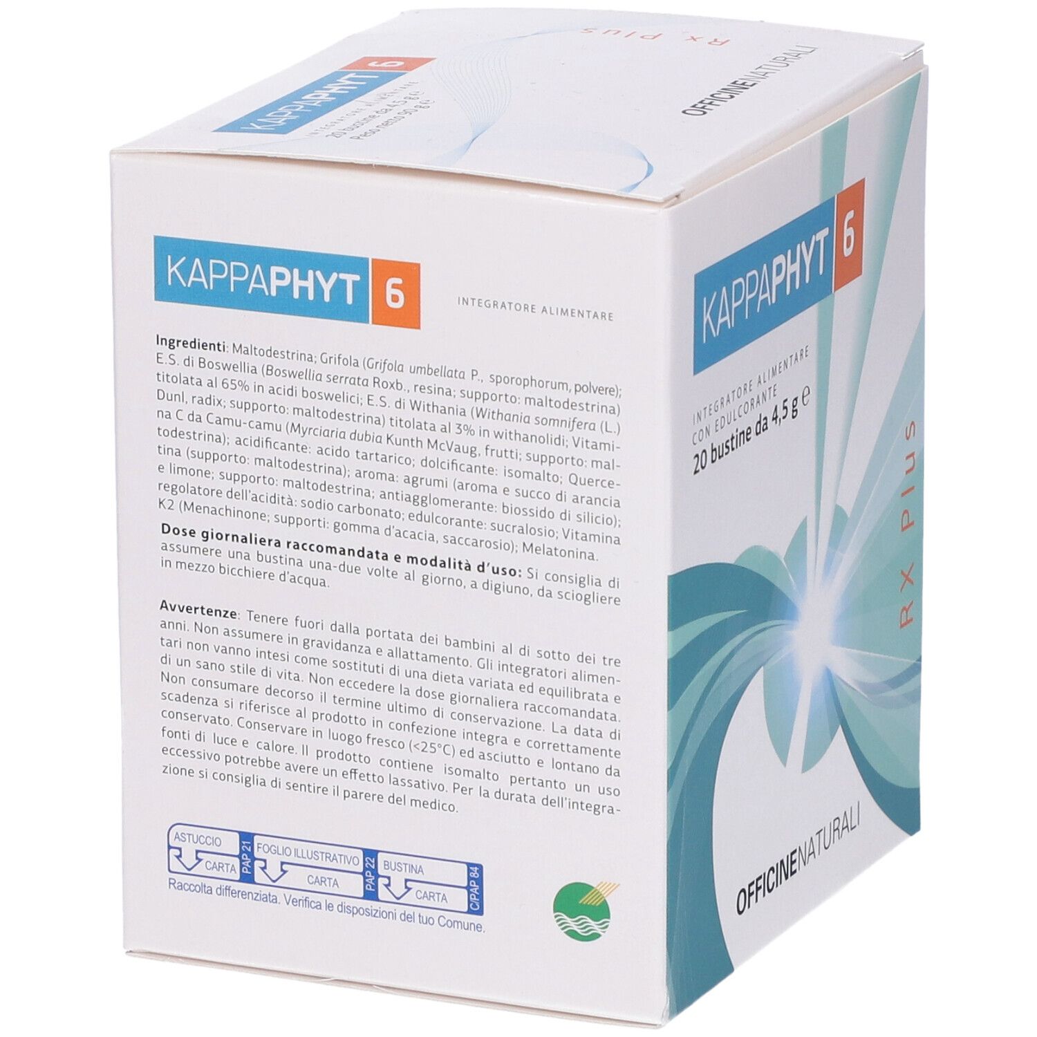 Scatola con informazioni sul prodotto. Scritto: Kappaphyt 6, 20 bustine da 4,5 g. Marchio: Officine Naturali.