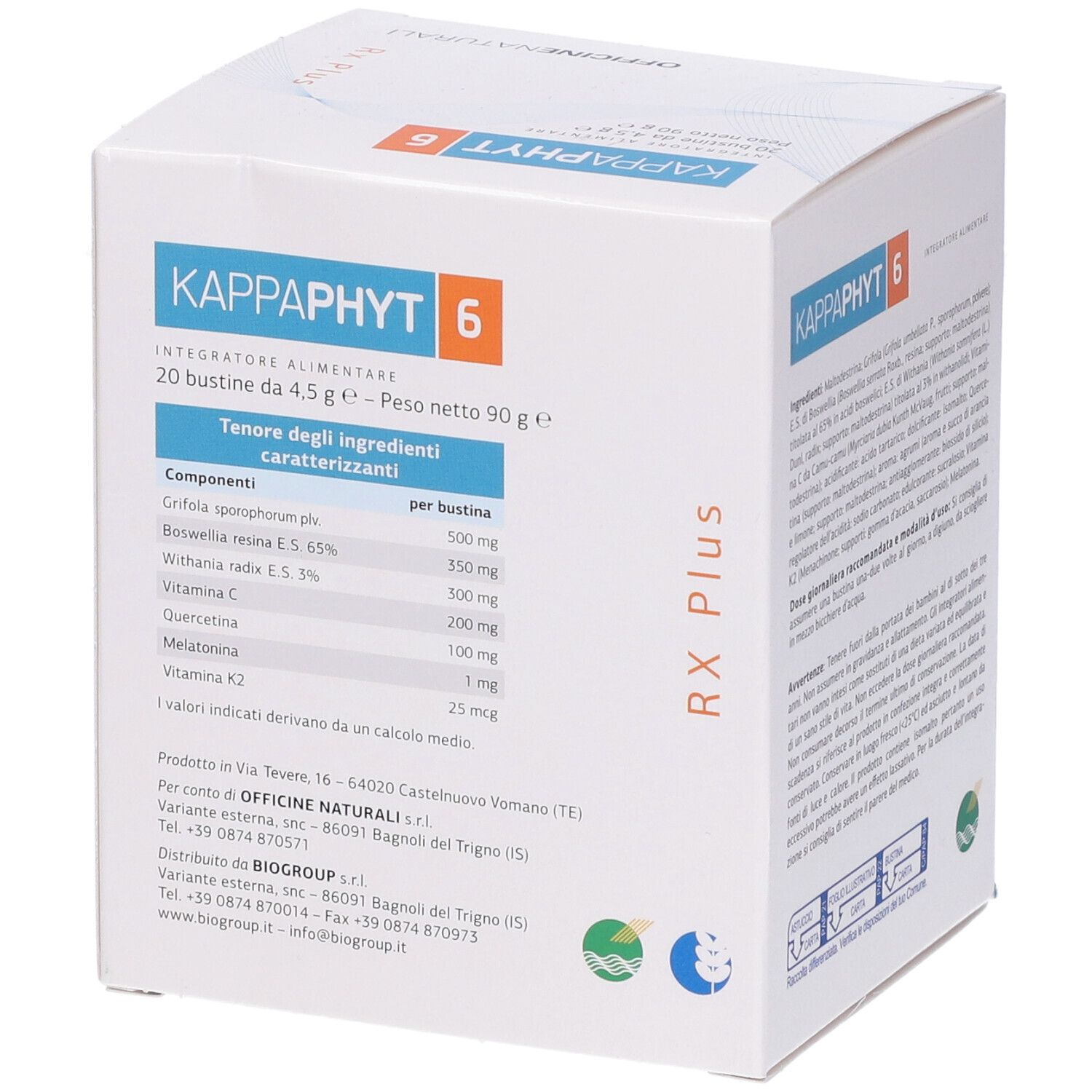 Scatola con informazioni sul prodotto. Scritto: Kappaphyt 6, 20 bustine da 4,5 g. Marchio: Officine Naturali.