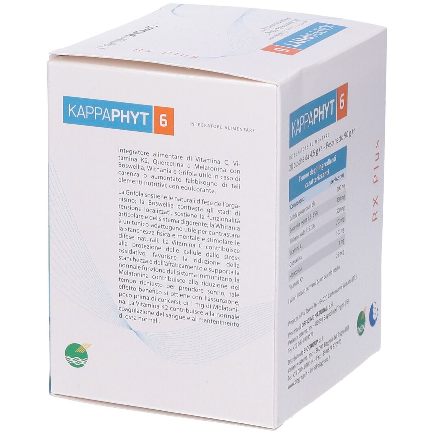 Scatola con informazioni sul prodotto. Scritto: Kappaphyt 6, 20 bustine da 4,5 g. Marchio: Officine Naturali.