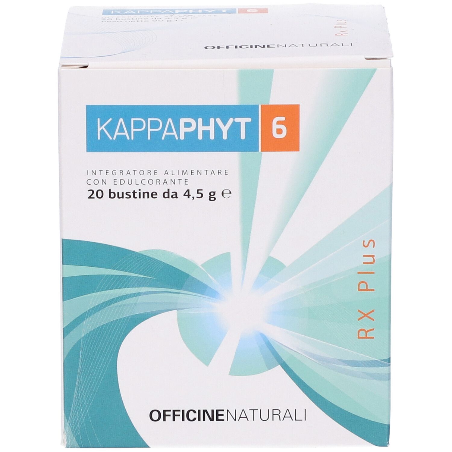 Scatola con informazioni sul prodotto. Scritto: Kappaphyt 6, 20 bustine da 4,5 g. Marchio: Officine Naturali.