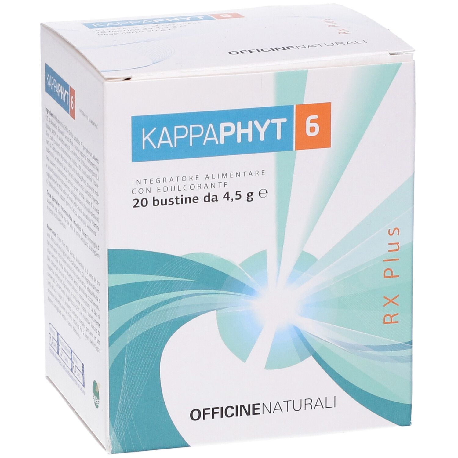 Scatola con informazioni sul prodotto. Scritto: Kappaphyt 6, 20 bustine da 4,5 g. Marchio: Officine Naturali.