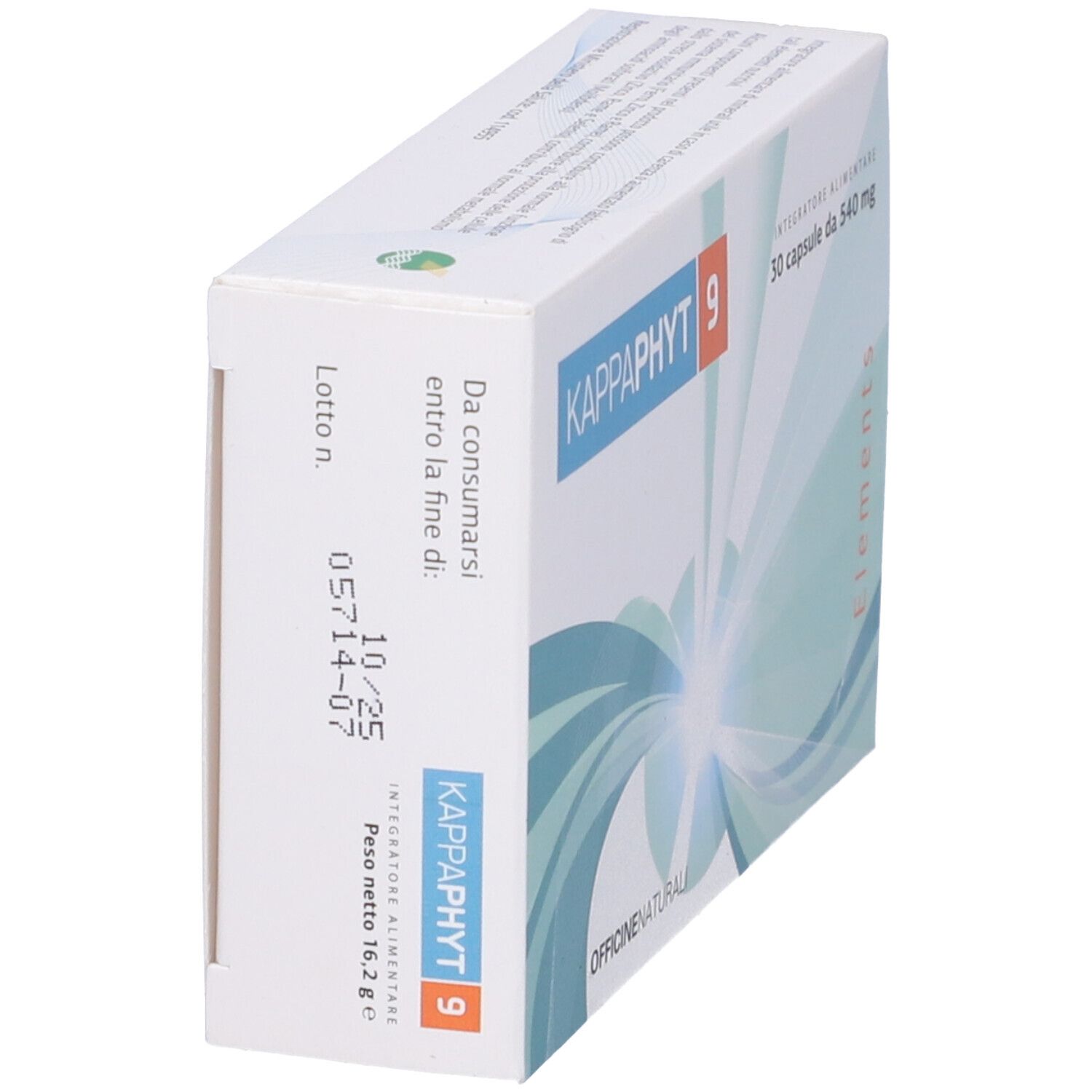 Scatola di Kappaphyt 9. Scritta: 30 capsule, 540 mg. Confezione verde e bianca con logo e testo.