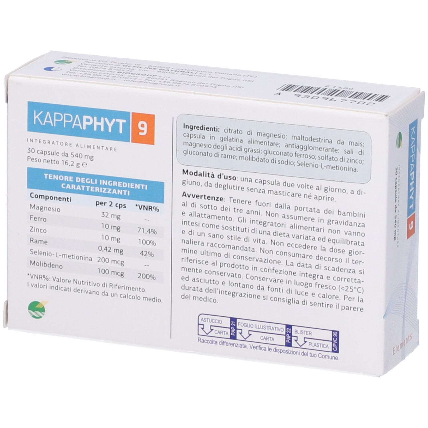 Retro della confezione di Kappaphyt 9. Contiene ingredienti, istruzioni per l'uso e informazioni nutrizionali.