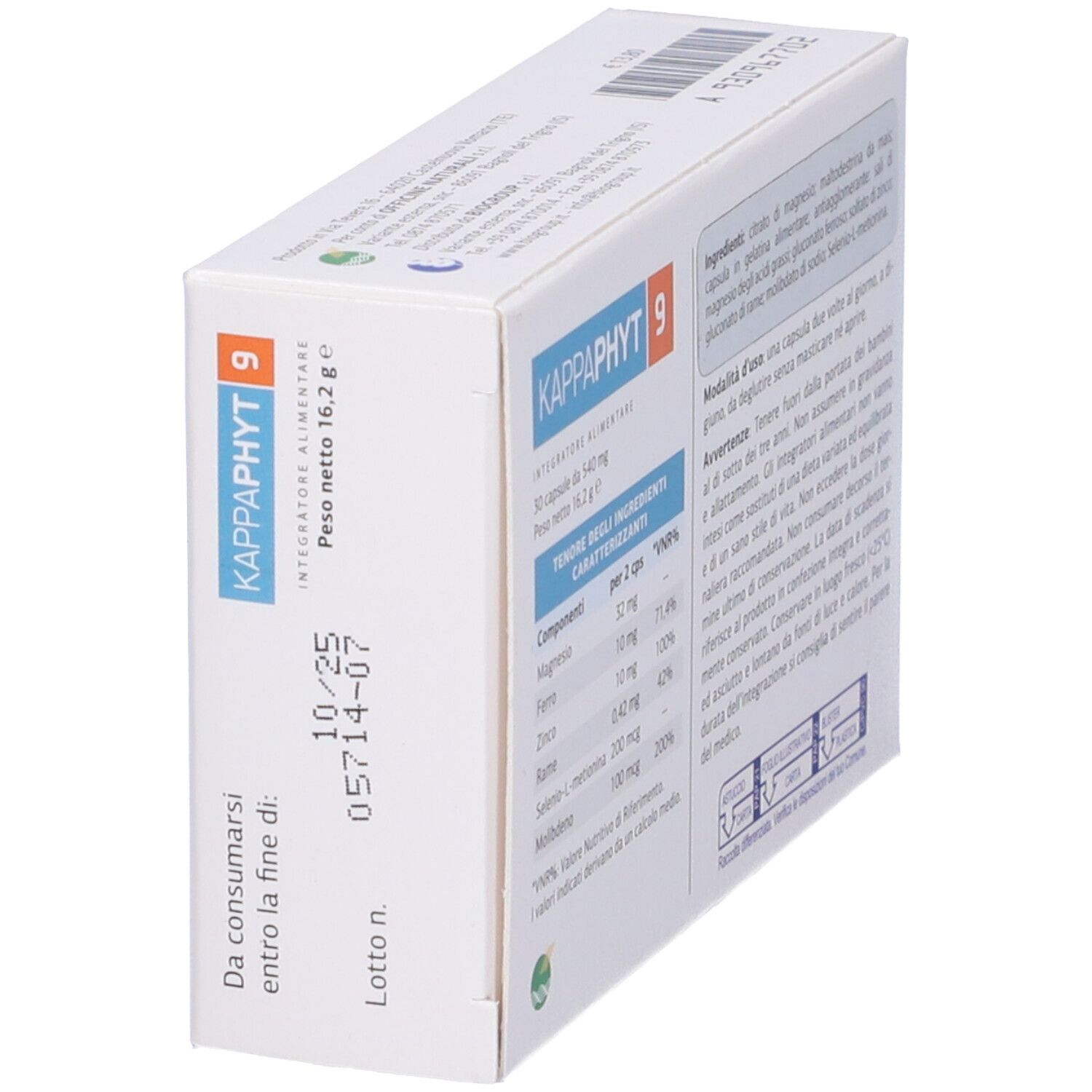 Scatola di Kappaphyt 9. Scritta: 30 capsule, 540 mg. Confezione verde e bianca con logo e testo.
