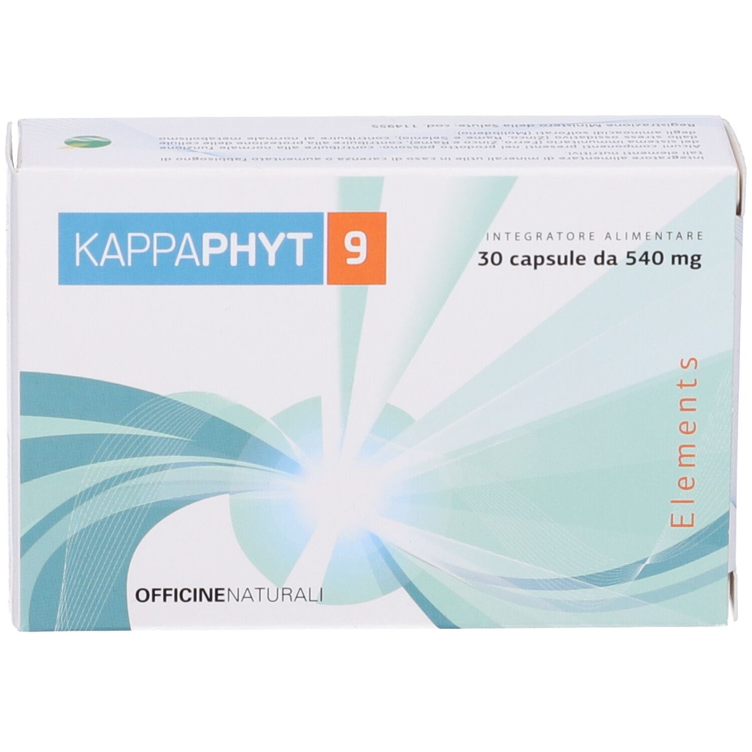 Scatola di Kappaphyt 9. Scritta: 30 capsule, 540 mg. Confezione verde e bianca con logo e testo.