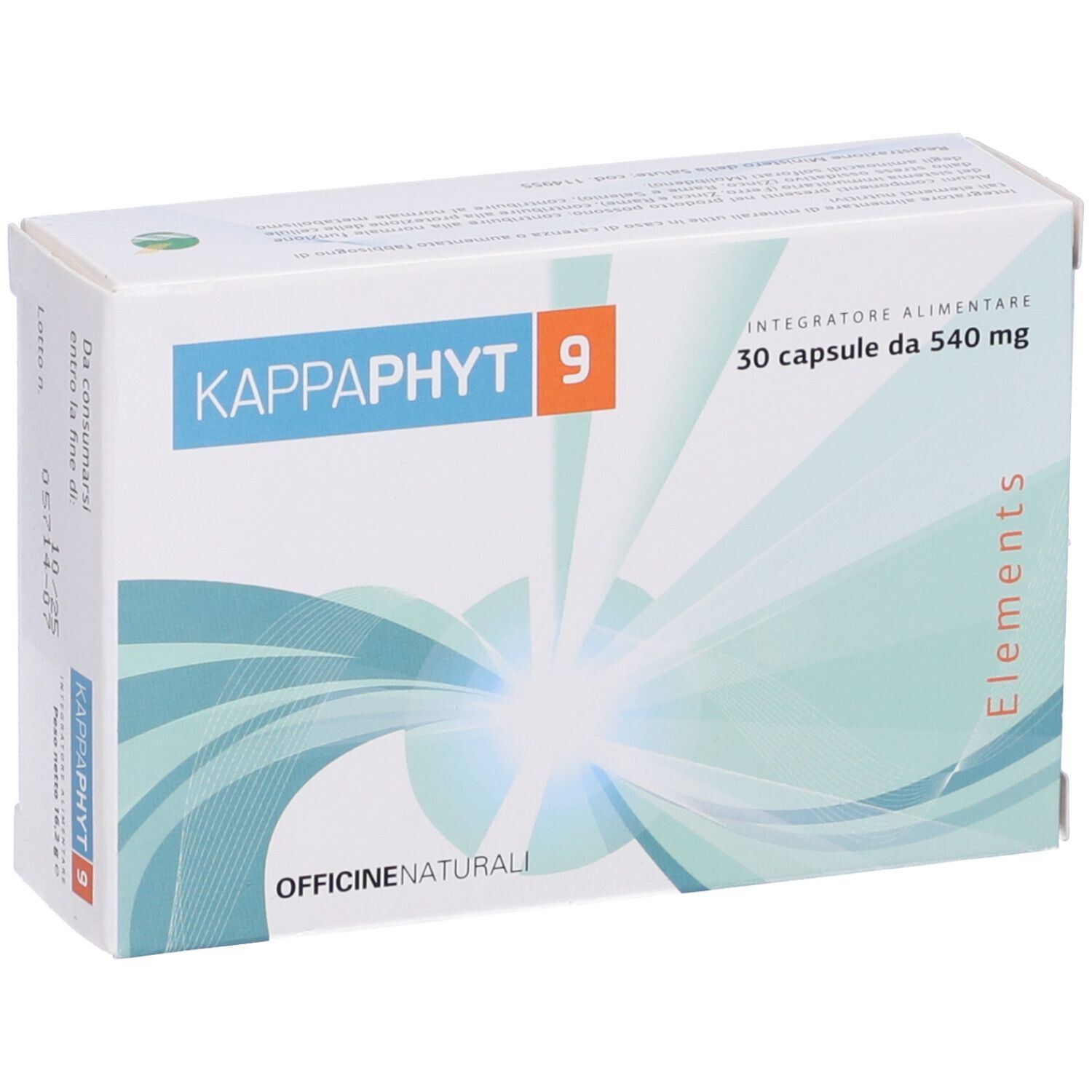 Scatola di Kappaphyt 9. Scritta: 30 capsule, 540 mg. Confezione verde e bianca con logo e testo.