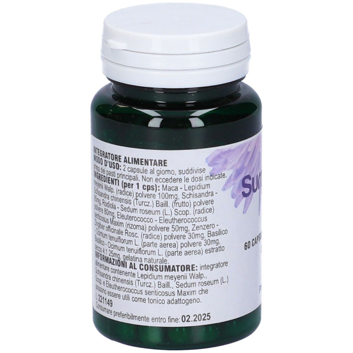 Retro di un flacone verde con tappo bianco. Testo con ingredienti e data di scadenza. Marchio: PhytoItalia.