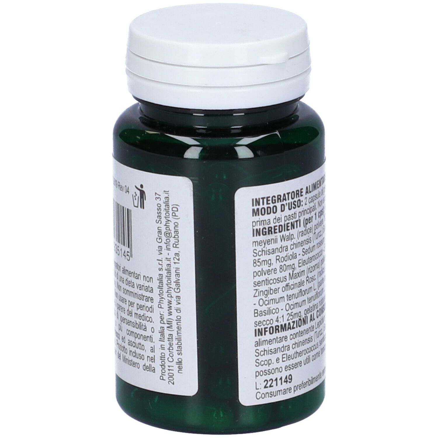 Retro di un flacone verde con tappo bianco. Testo con ingredienti e informazioni del produttore. Marchio: PhytoItalia.