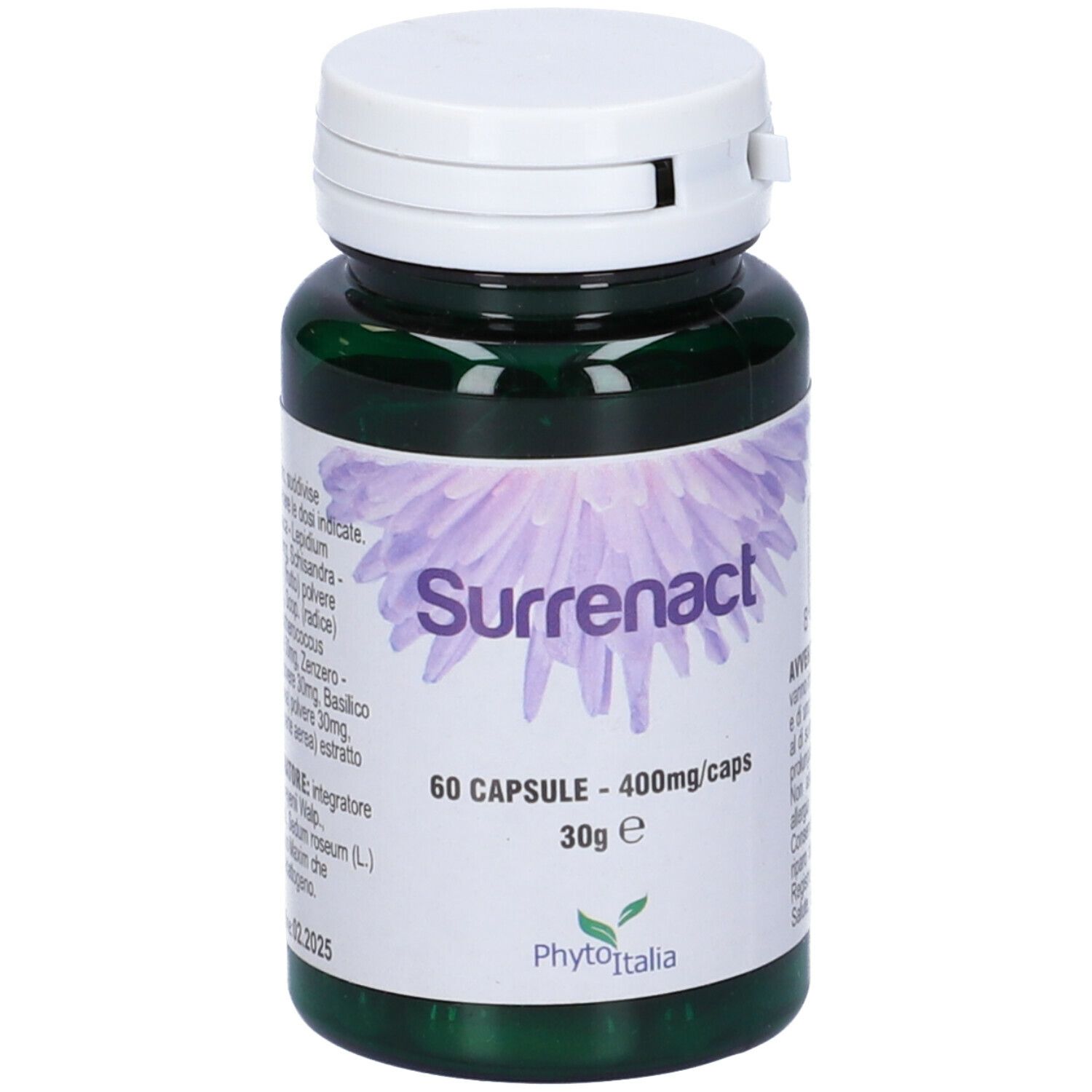 Flacone verde con tappo bianco. Scritta "Surrenact", "60 CAPSULE - 400mg/caps", e "30g e". Marchio: PhytoItalia.
