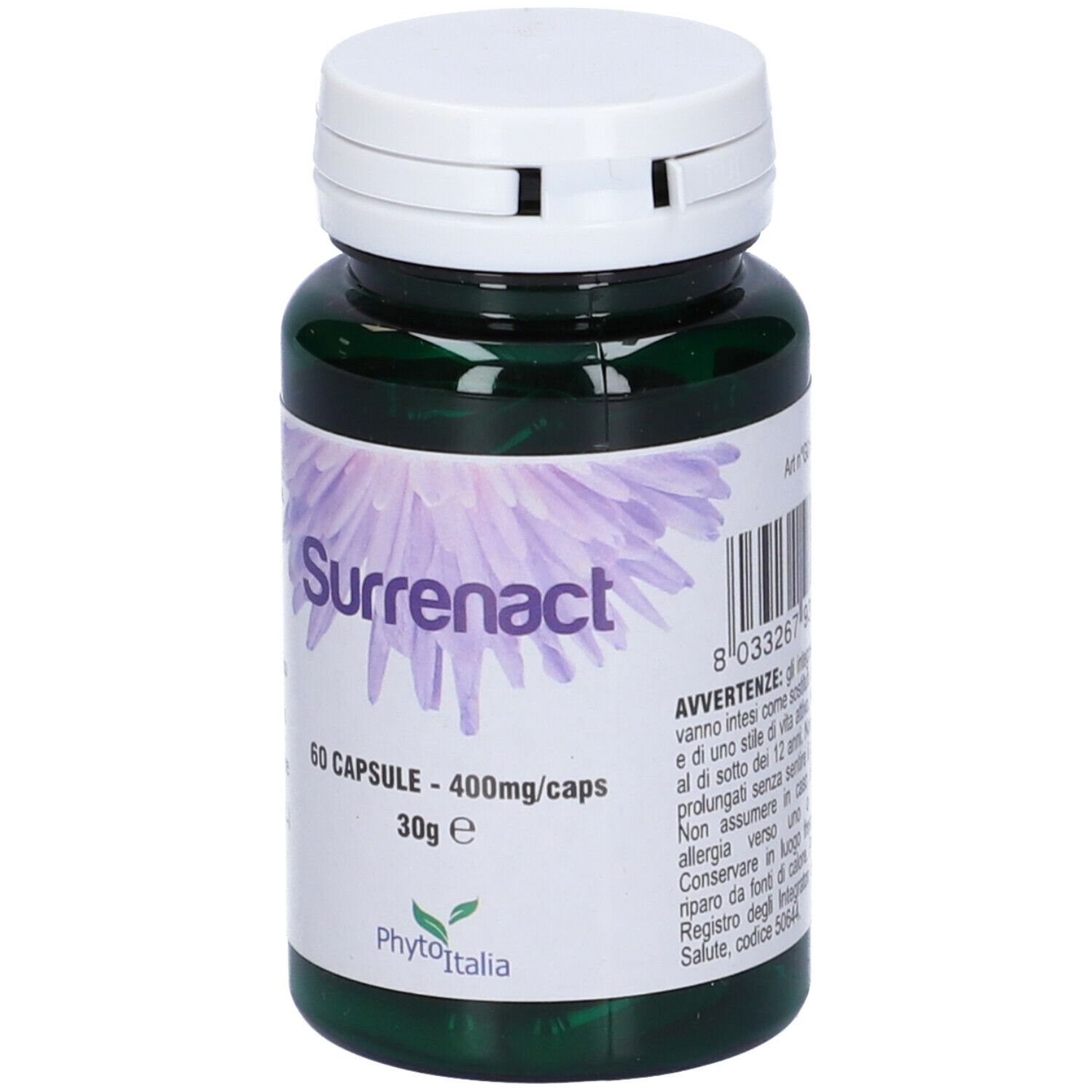 Flacone verde con tappo bianco. Scritta "Surrenact", "60 CAPSULE - 400mg/caps", e "30g e". Marchio: PhytoItalia.
