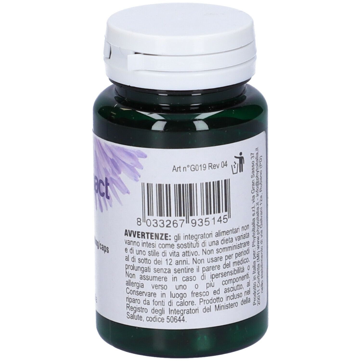 Retro di un flacone verde con tappo bianco. Testo con avvertenze e codice a barre. Marchio: PhytoItalia.