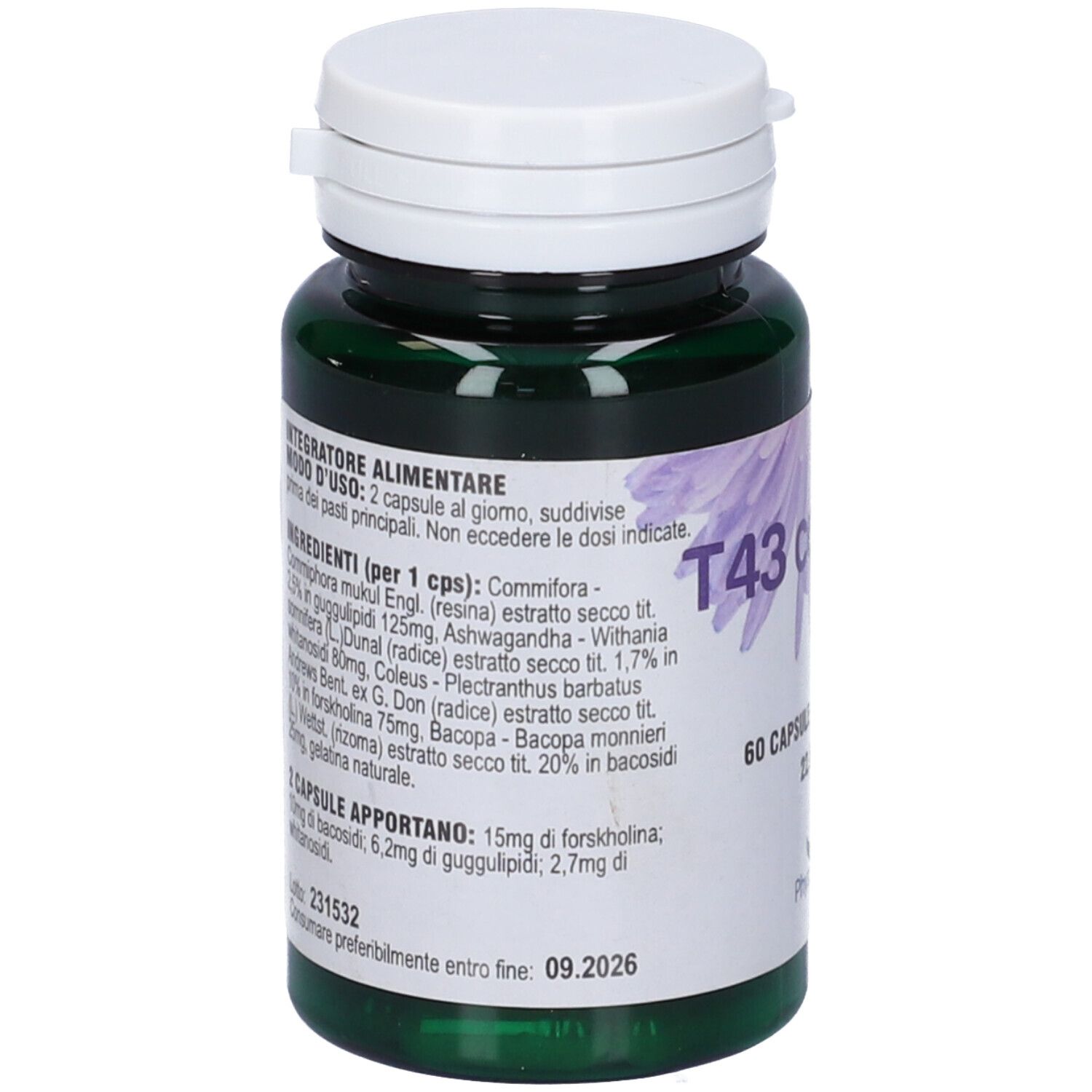 Flacone verde con tappo bianco. Scritta: T43 converse, 60 capsule. Elenco ingredienti e modo d'uso.