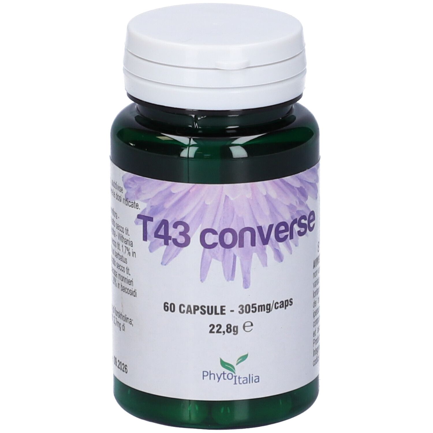 Flacone verde con tappo bianco. Scritta: T43 converse, 60 capsule. Marchio: PhytoItalia.