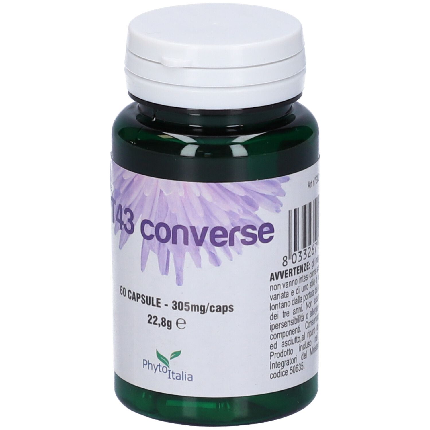 Flacone verde con tappo bianco. Scritta: T43 converse, 60 capsule. Codice a barre e informazioni produttore.