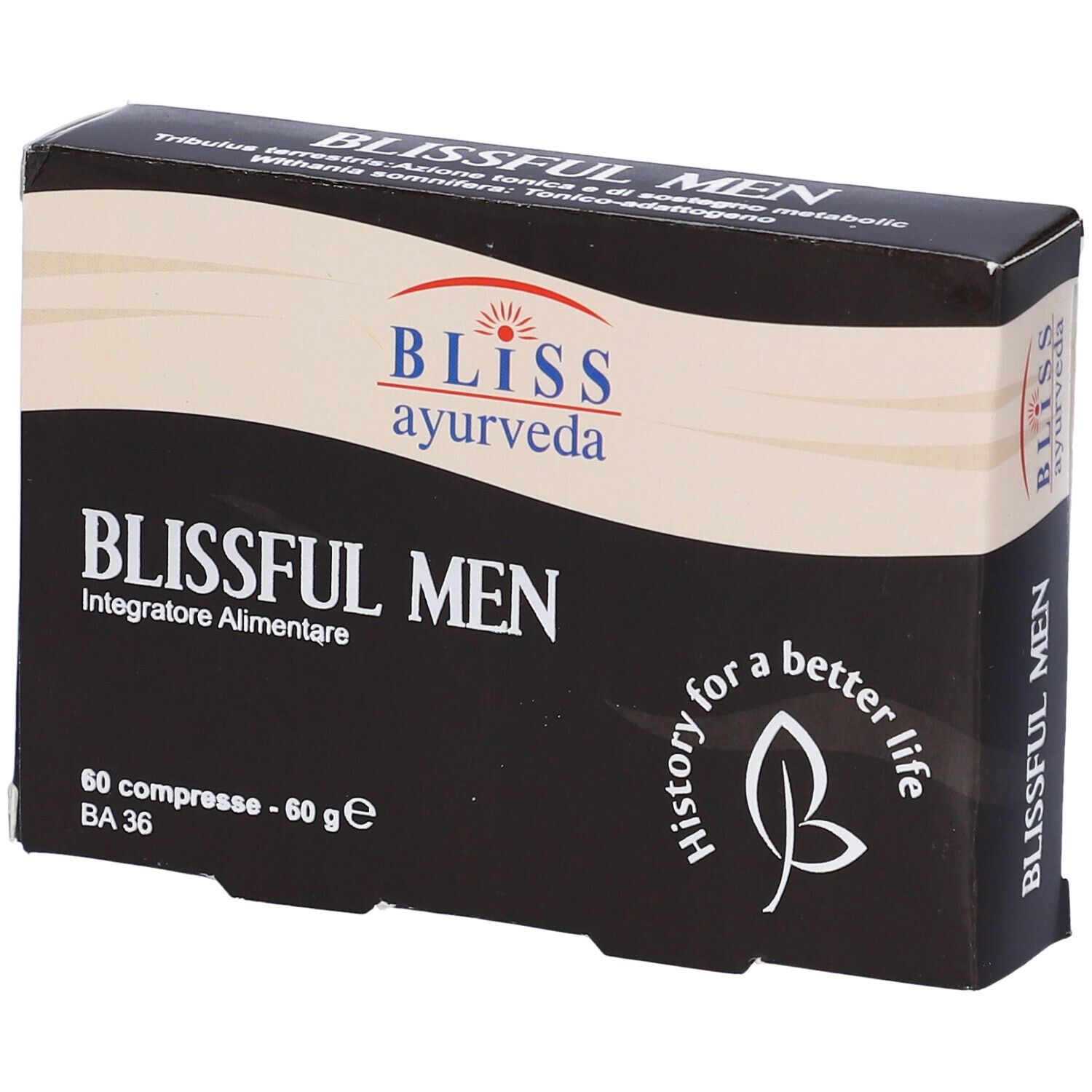 Scatola nera "BLISSFUL MEN" con logo "BLISS Ayurveda". Contiene 60 compresse. Testo in italiano.