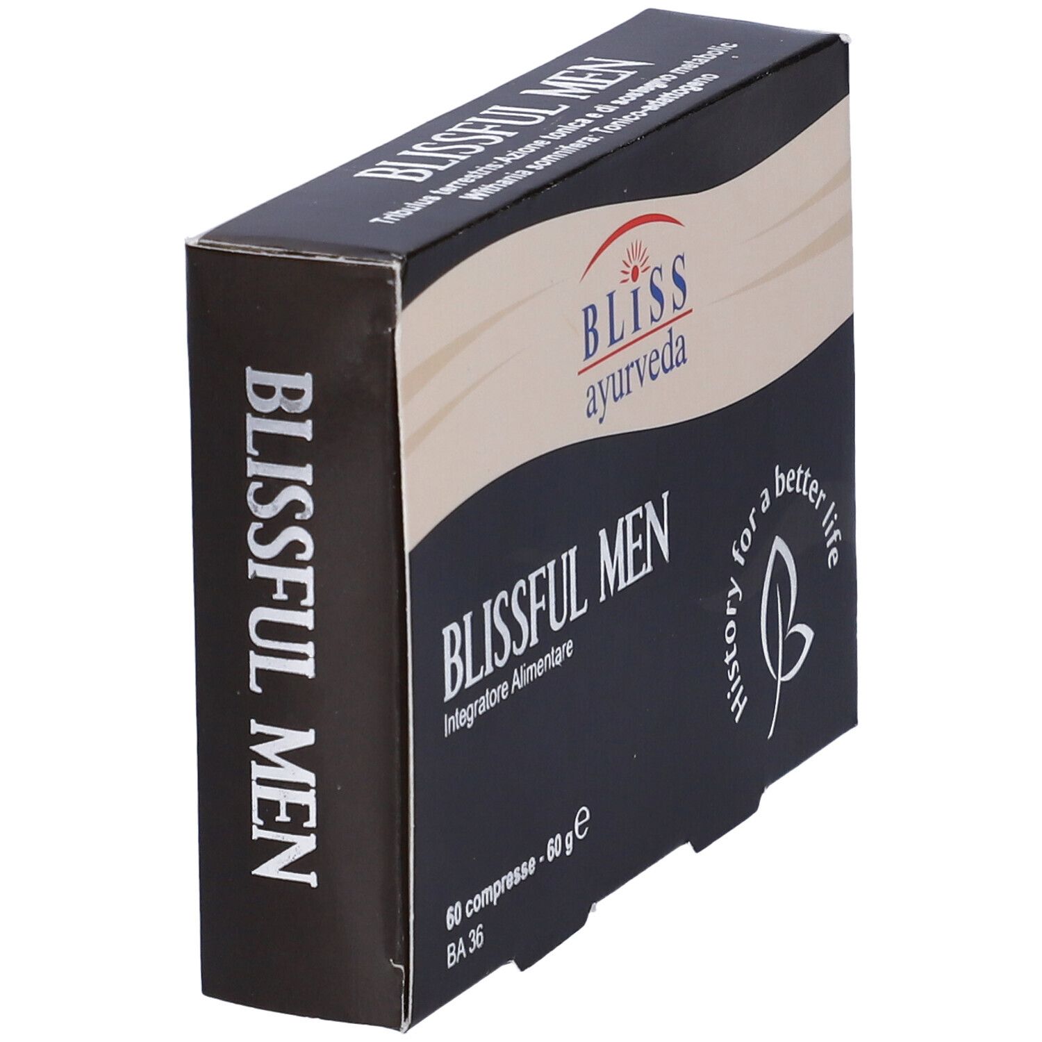 Scatola nera "BLISSFUL MEN" con logo "BLISS Ayurveda". Contiene 60 compresse. Testo in italiano.