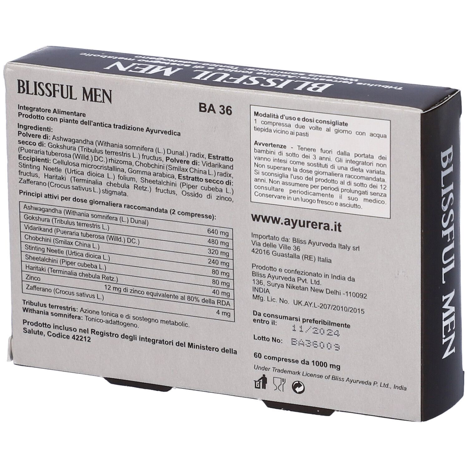 Scatola nera "BLISSFUL MEN" con logo "BLISS Ayurveda". Contiene 60 compresse. Testo in italiano.