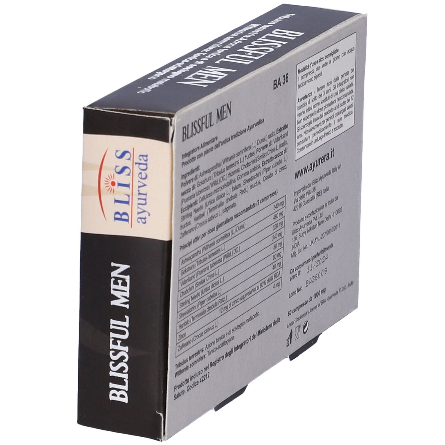Scatola nera "BLISSFUL MEN" con logo "BLISS Ayurveda". Contiene 60 compresse. Testo in italiano.