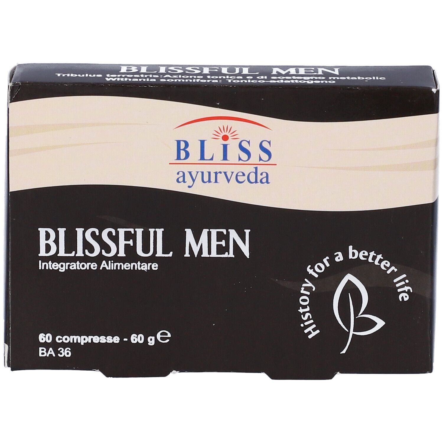 Scatola nera "BLISSFUL MEN" con logo "BLISS Ayurveda". Contiene 60 compresse. Testo in italiano.