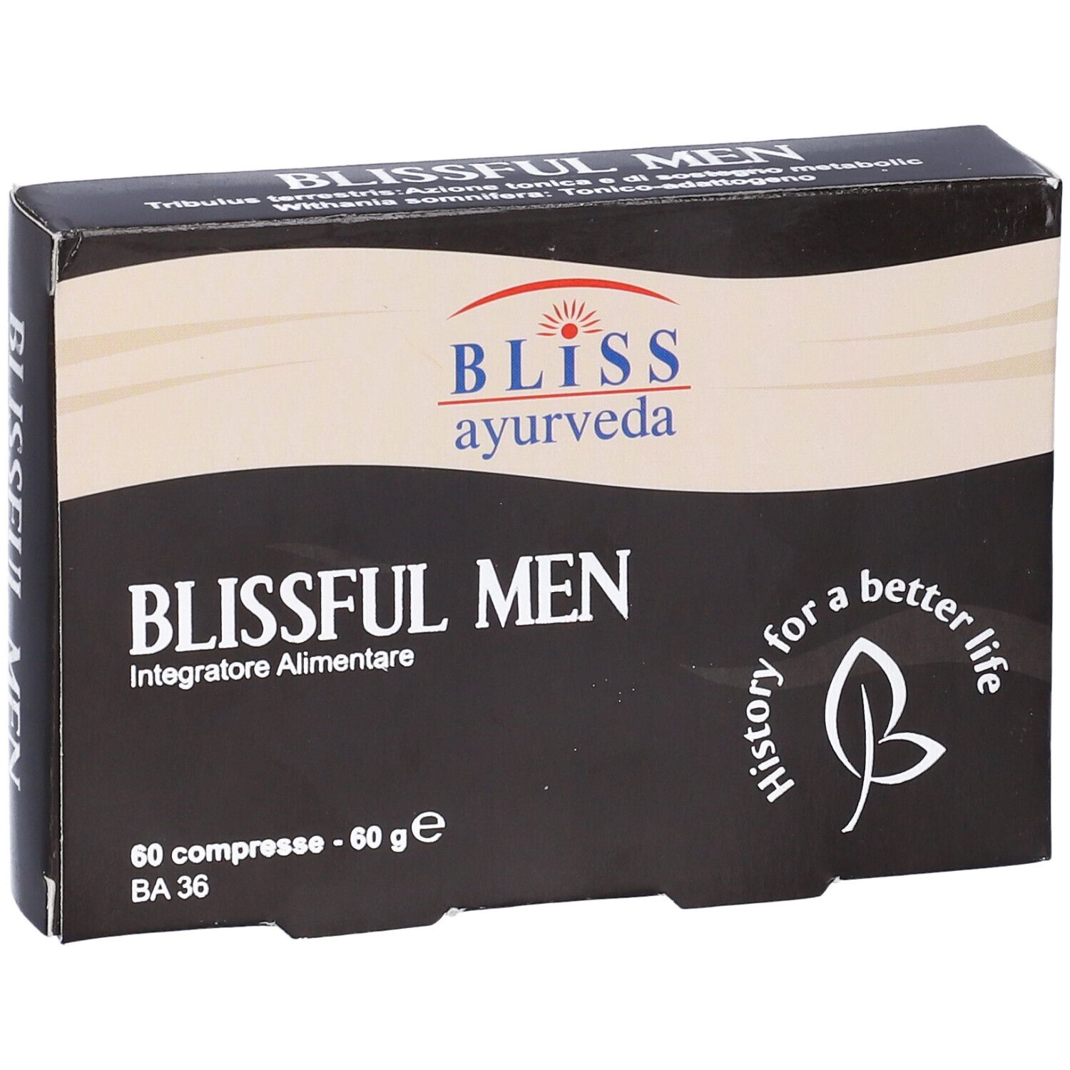 Scatola nera "BLISSFUL MEN" con logo "BLISS Ayurveda". Contiene 60 compresse. Testo in italiano.