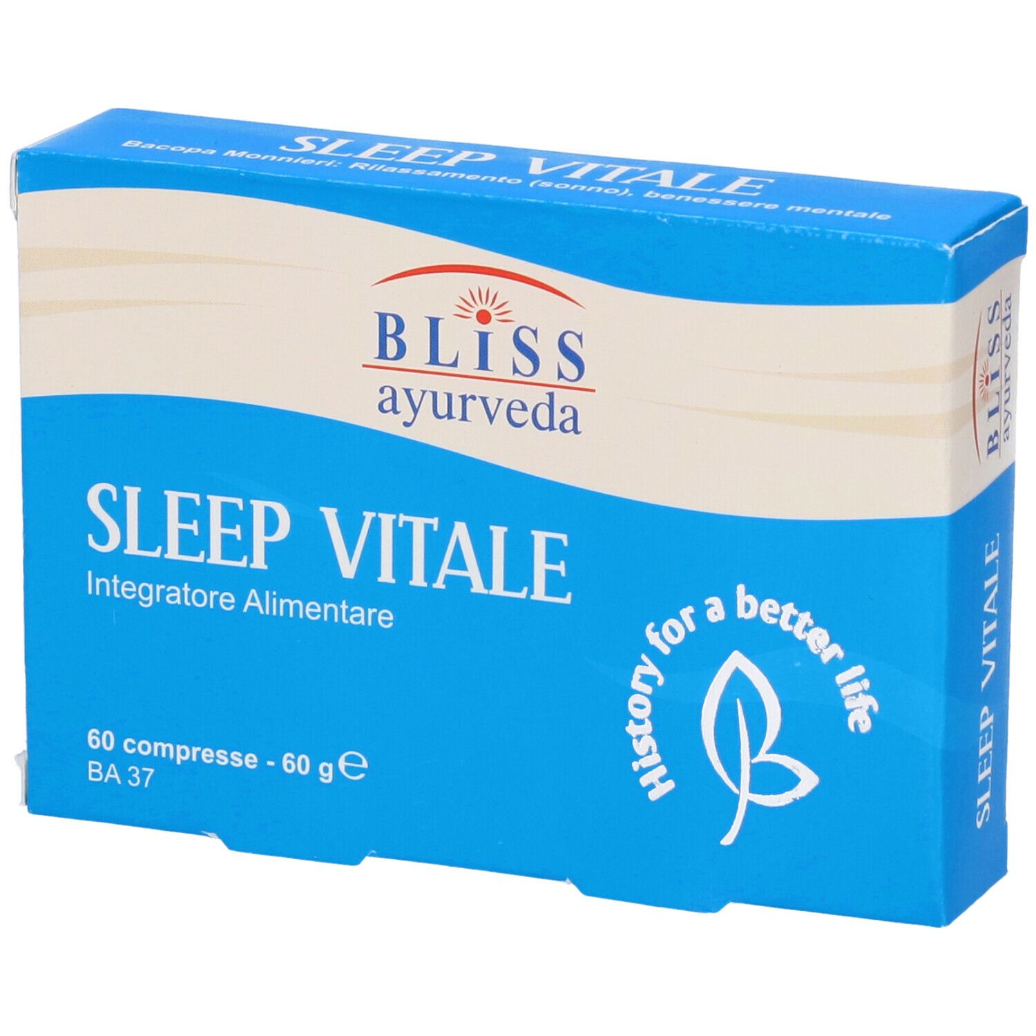 Scatola blu con "SLEEP VITALE" e "BLISS ayurveda". 60 compresse.