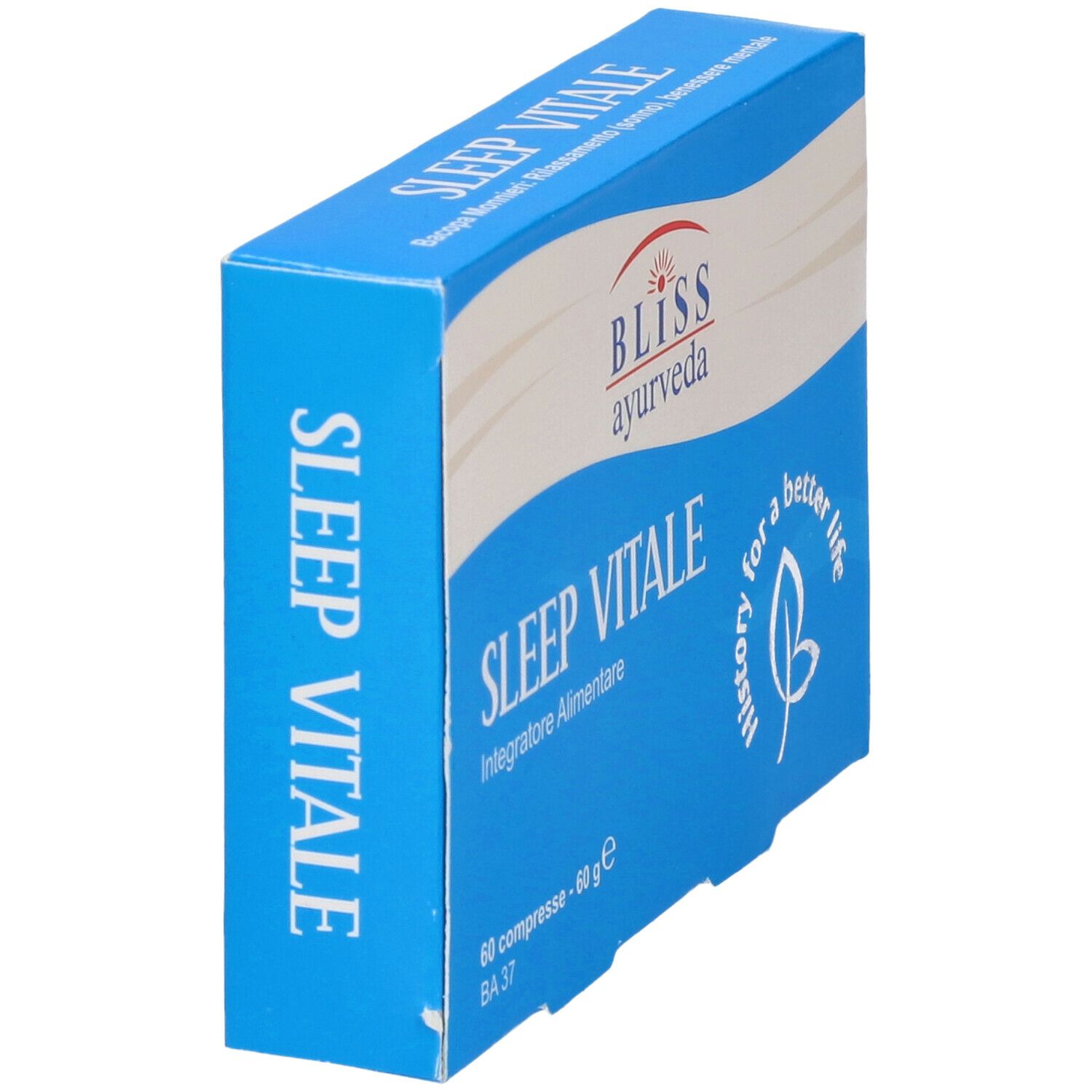 Scatola blu "SLEEP VITALE" e "BLISS ayurveda". 60 compresse. Vista obliqua.