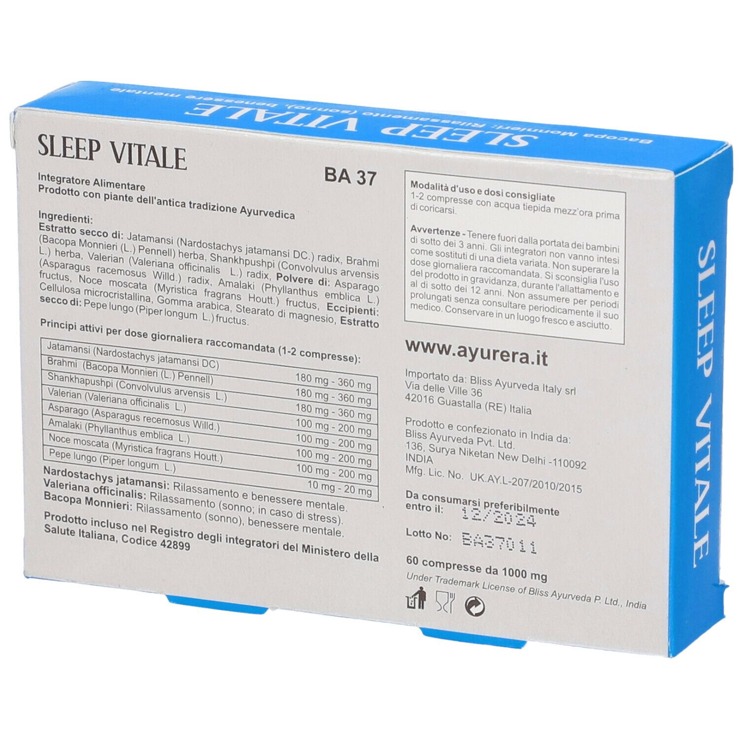 Retro della scatola blu. Testo con ingredienti e istruzioni. "SLEEP VITALE".