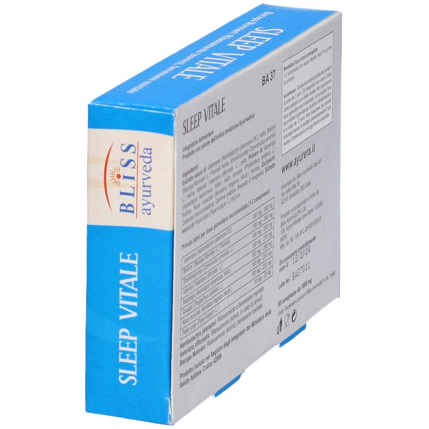 Vista obliqua della scatola blu. Testo con ingredienti e istruzioni. "SLEEP VITALE".