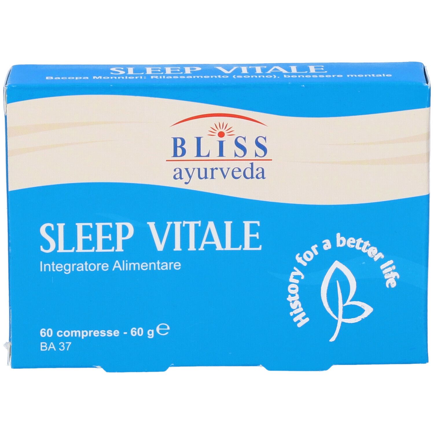 Scatola blu con "SLEEP VITALE" e "BLISS ayurveda". 60 compresse.