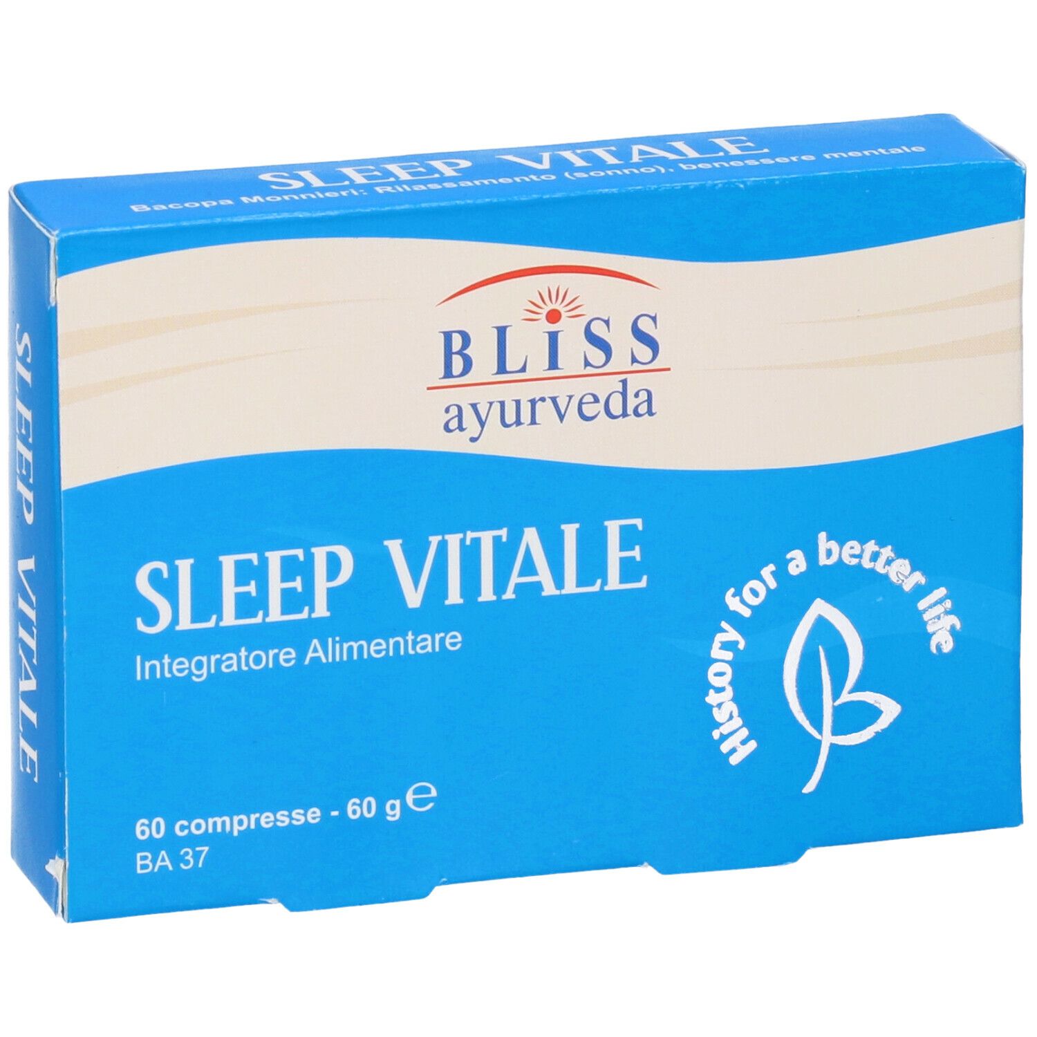 Scatola blu con "SLEEP VITALE" e "BLISS ayurveda". 60 compresse.