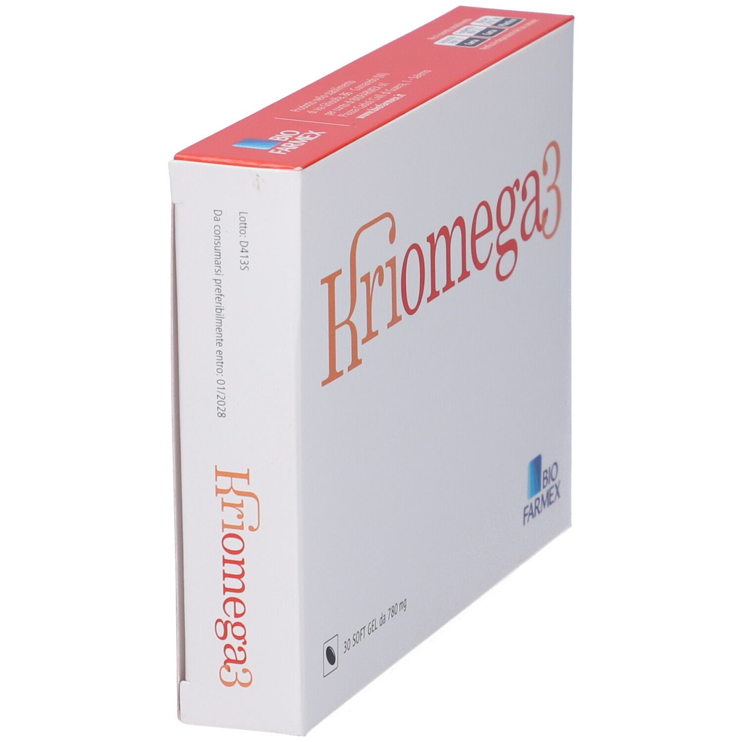 Confezione bianca con scritta arancione Kriomega3. Logo Biofarmex. Vista laterale della confezione.