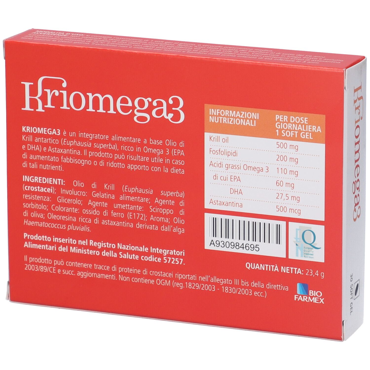 Confezione rossa con testo e informazioni nutrizionali. Scritta Kriomega3. Logo Biofarmex. Peso netto: 23,4 g.