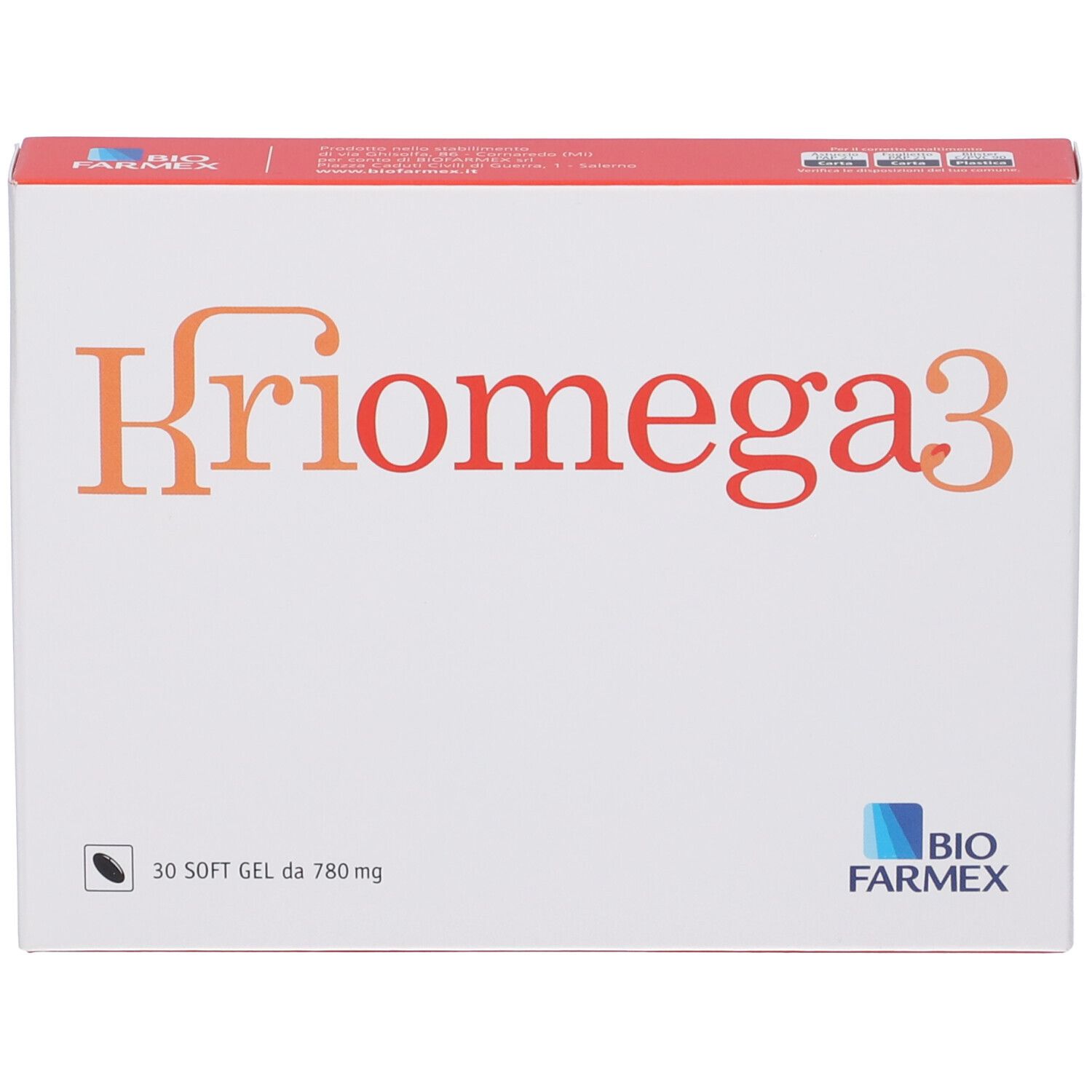 Confezione bianca con scritta arancione Kriomega3. In basso a sinistra: 30 softgel da 780 mg. Logo Biofarmex.