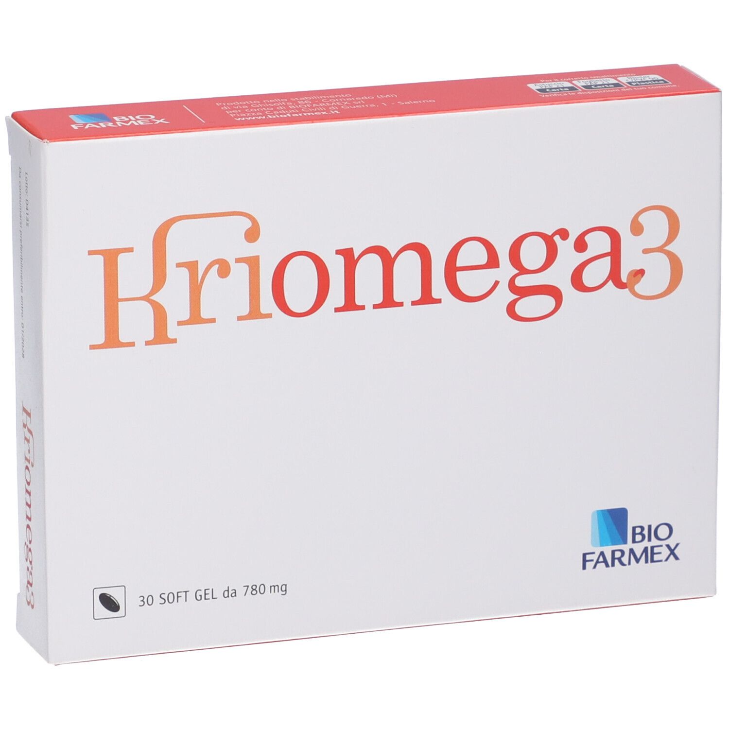 Confezione bianca con scritta arancione Kriomega3. In basso a sinistra: 30 softgel da 780 mg. Logo Biofarmex.