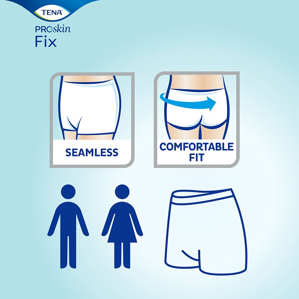 Rappresentazione grafica: senza cuciture, vestibilità confortevole, pittogrammi uomo e donna, e mutandina di fissaggio.