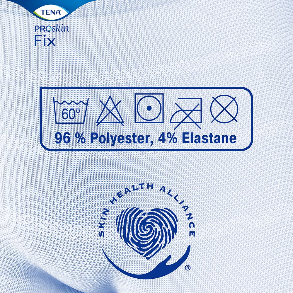 Primo piano del tessuto. Simboli di lavaggio, composizione: 96% poliestere, 4% elastan. Logo Skin Health Alliance.