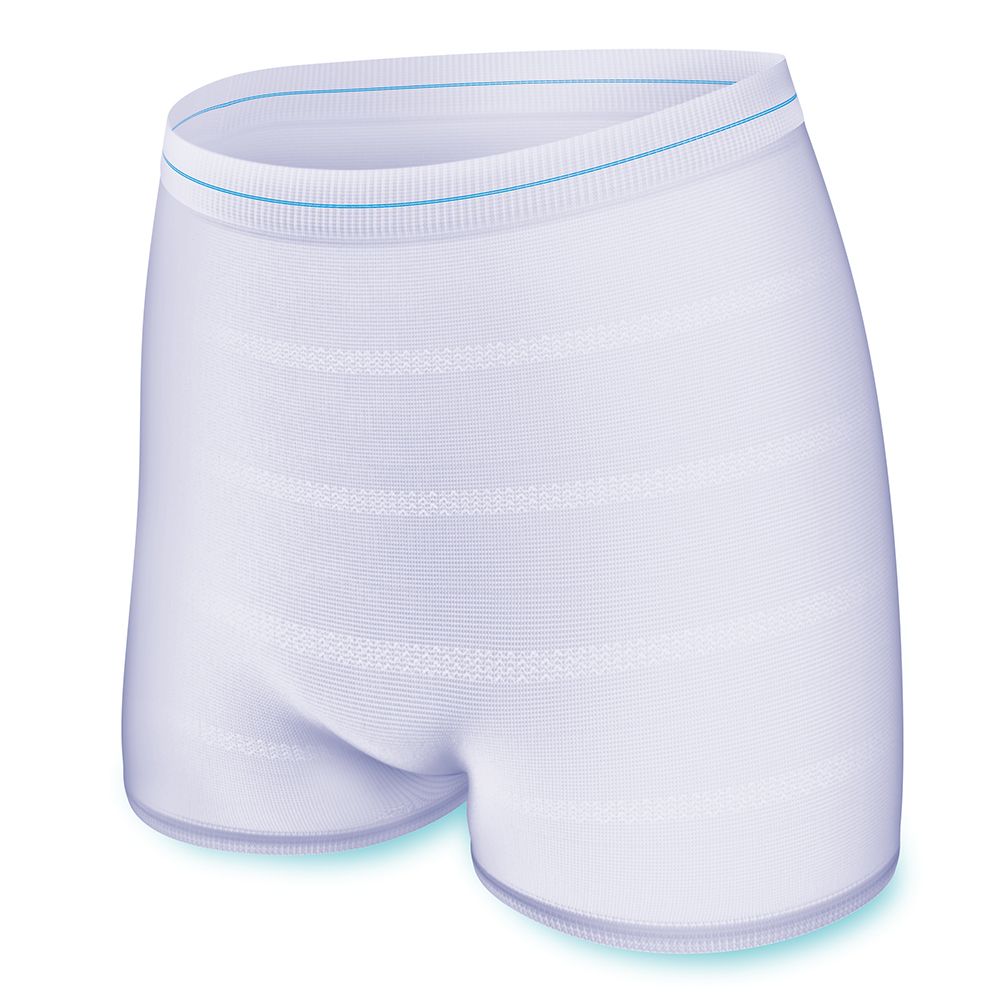 Pantaloncino di fissaggio bianco. Cinturino elastico con cucitura blu. Struttura a righe orizzontali. Gambe corte.