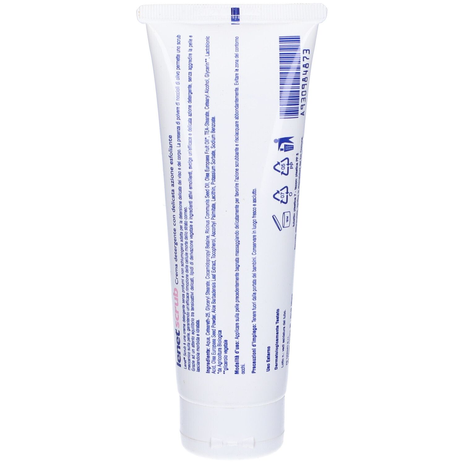 Retro del tubo bianco. Testo e codice a barre visibili. Nome del prodotto "Lenet's scrub" in basso.