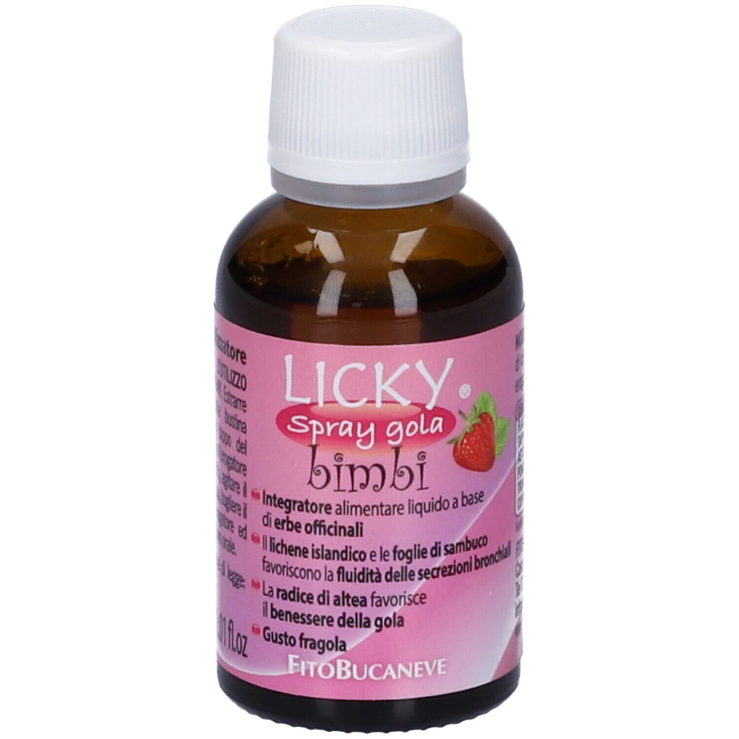 Flacone di vetro marrone con tappo bianco ed etichetta rosa. Scritta: Licky Spray gola bimbi. Illustrazione fragola.