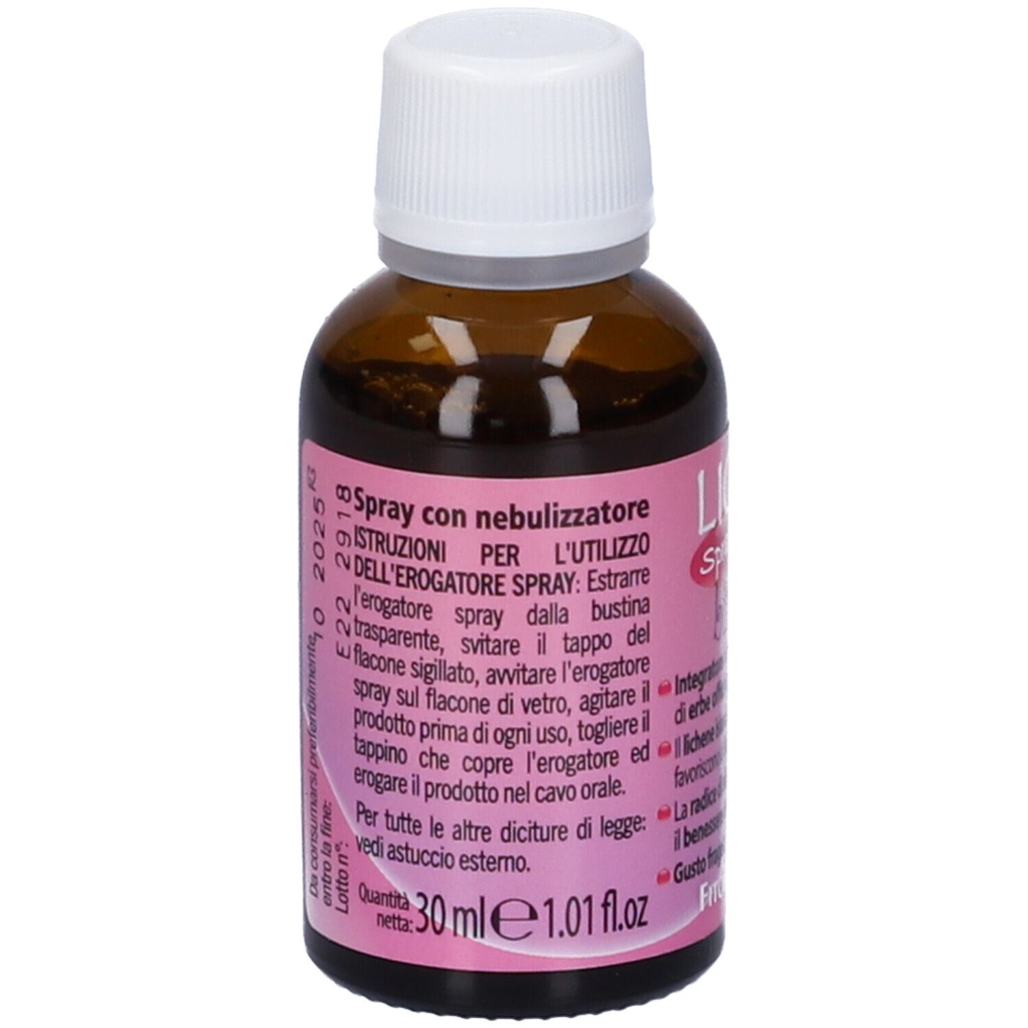 Flacone di vetro marrone con tappo bianco ed etichetta rosa. Scritta: Licky Spray gola bimbi. Retro con testo.