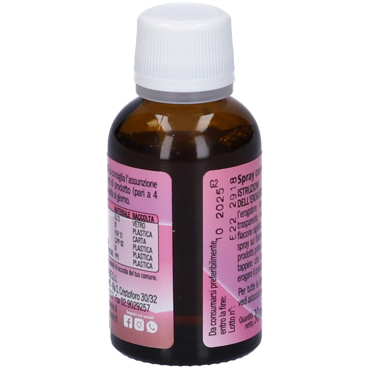 Flacone di vetro marrone con tappo bianco ed etichetta rosa. Scritta: Licky Spray gola bimbi. Retro con testo.