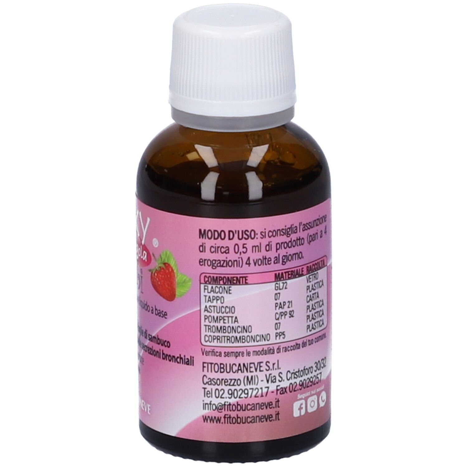 Flacone di vetro marrone con tappo bianco ed etichetta rosa. Scritta: Licky Spray gola bimbi. Retro con testo.
