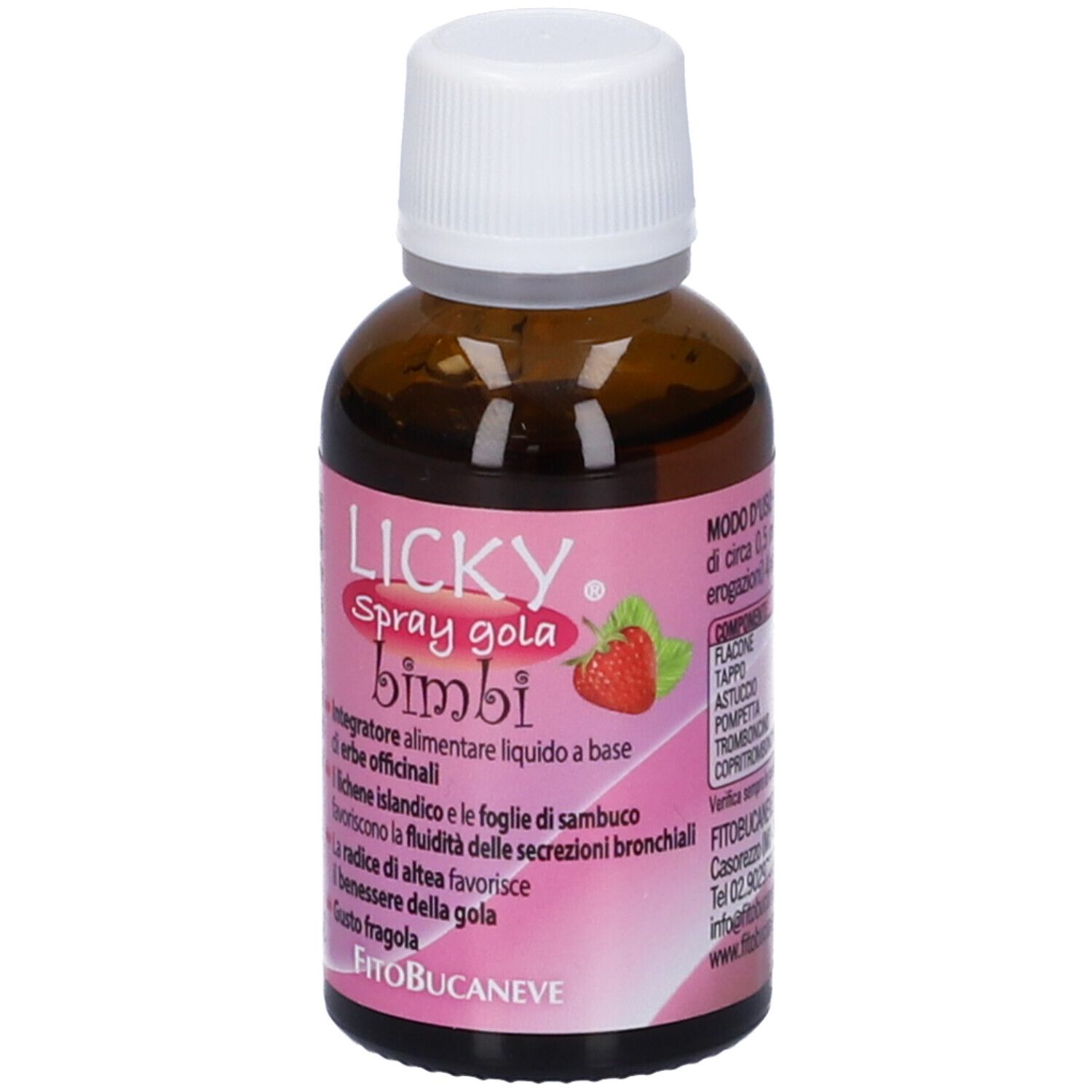 Flacone di vetro marrone con tappo bianco ed etichetta rosa. Scritta: Licky Spray gola bimbi. Retro con testo.